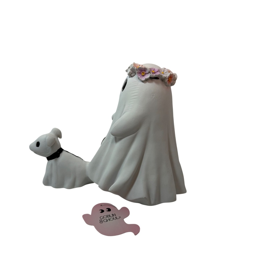 Goblin & Ghoul Ghost Walking Dog Figurine Flower Crown Halloween Decor White